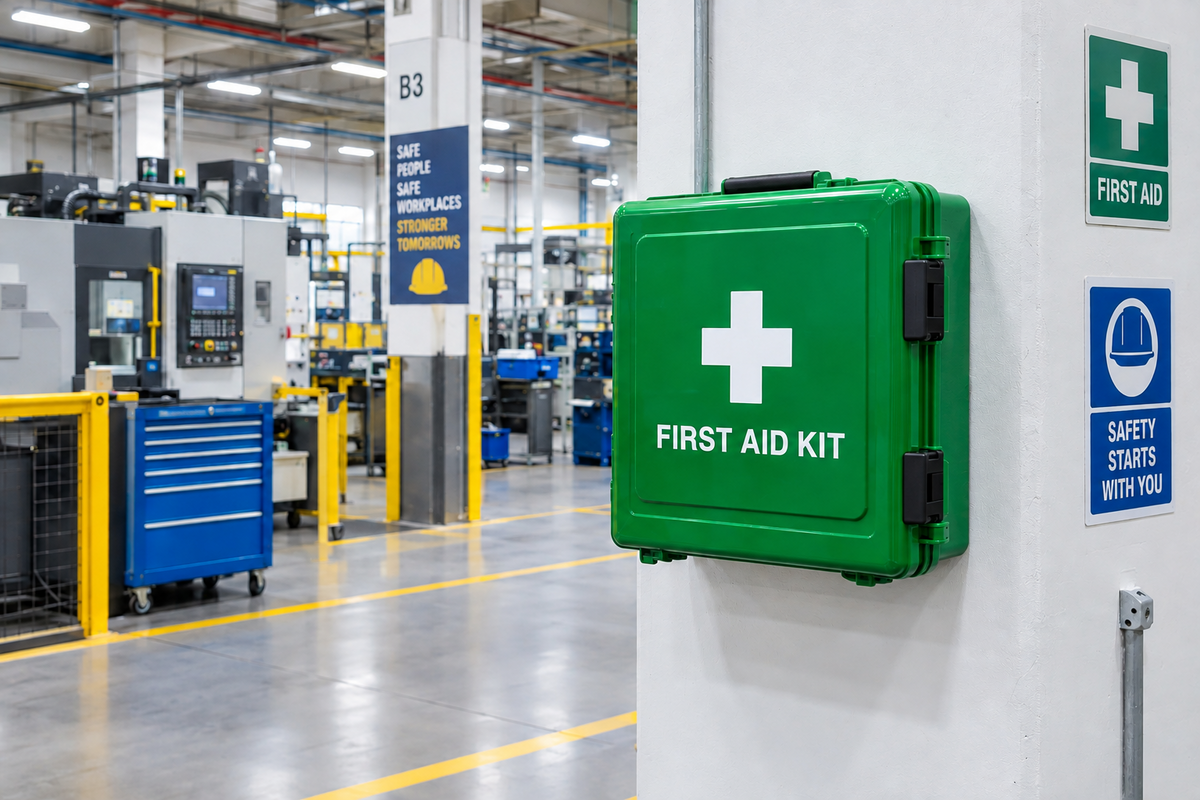 first aid box on wall in factory