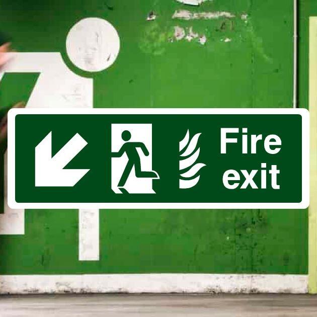 Fire Exit With Flames Sign Left Down Arrow-The Safety Sheep Store