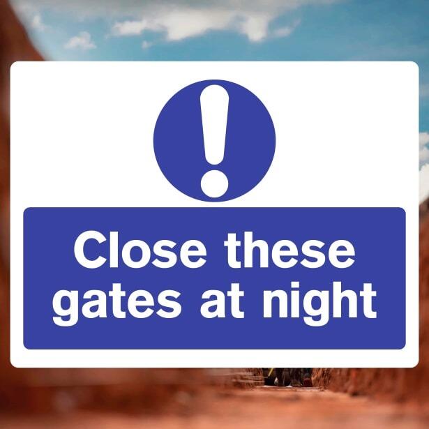 Close Gates at Night Sign - The Safety Signs Store