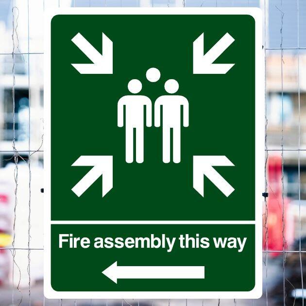 Fire Assembly This Way Left Arrow Sign - UK Safety Signs Store