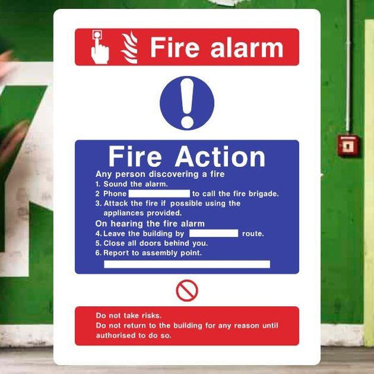 vsafety 12006 An-g Fire Action Sign, General Fire acción/5 mensaje riesgos, brilla en la oscuridad), 1 mm, de plástico, Vertical, 150 mm x 200 mm), color negro/azul/verde/rojo vsafety 12006 An-g Fire Action Sign, General Fire acción/5 mensaje riesgos, brilla en la oscuridad), 1 mm, de plástico, Vertical, 150 mm x 200 mm), color negro/azul/verde/rojo