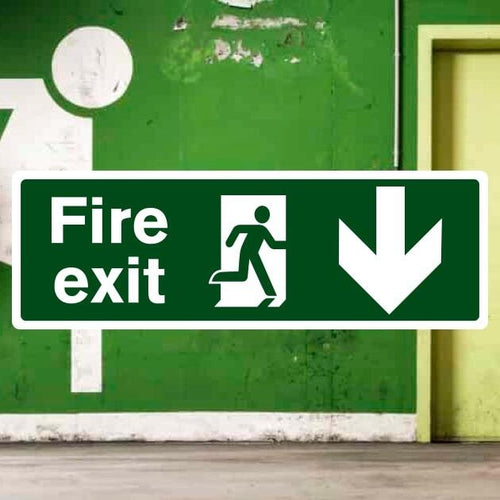 Fire Exit Down Sign – ISO‑7010, HSE‑Compliant – The Safety Sheep Store